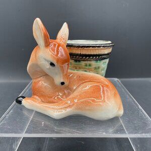 Vintage Pottery Ceramic Laying Fawn Deer with Green Basket Planter Pot